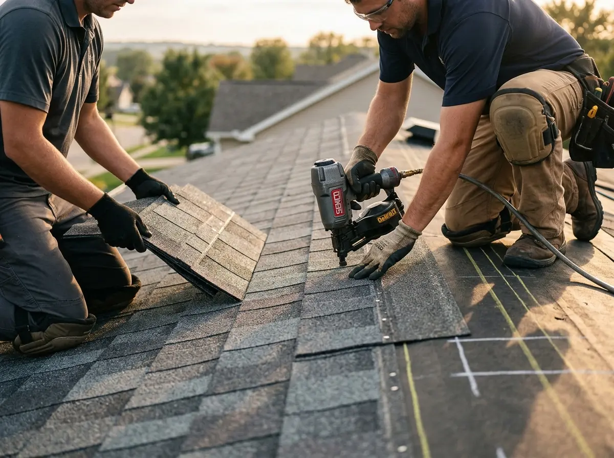 Professional roofer working on a residential roof in Scottsboro